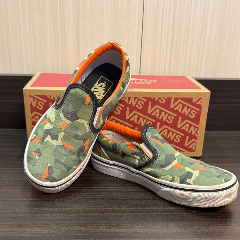 Vans Green Camo Slip-Ons with Orange Highlights